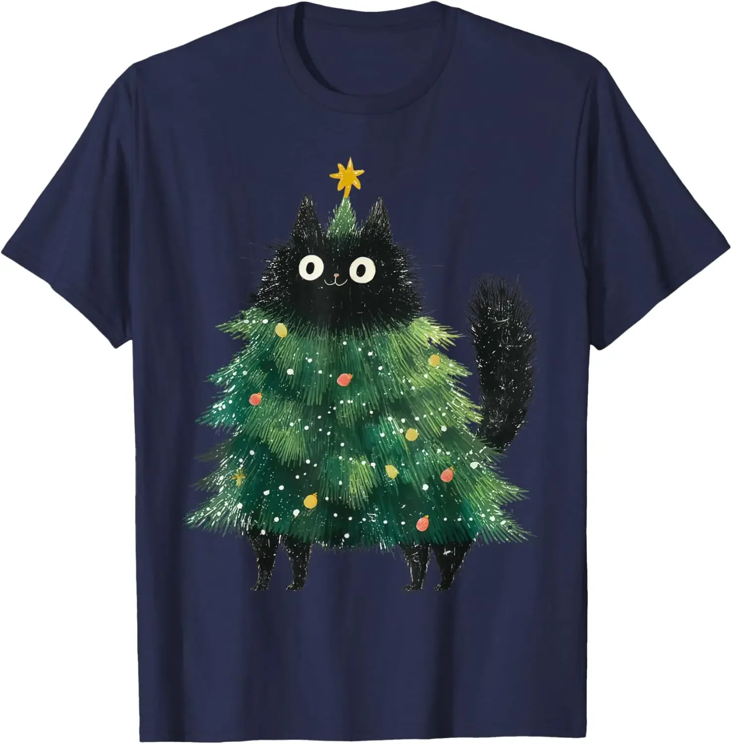 

Christmas Tree Black Cat Graphic Tee Soft Cotton Crewneck Short Sleeve T-Shirt