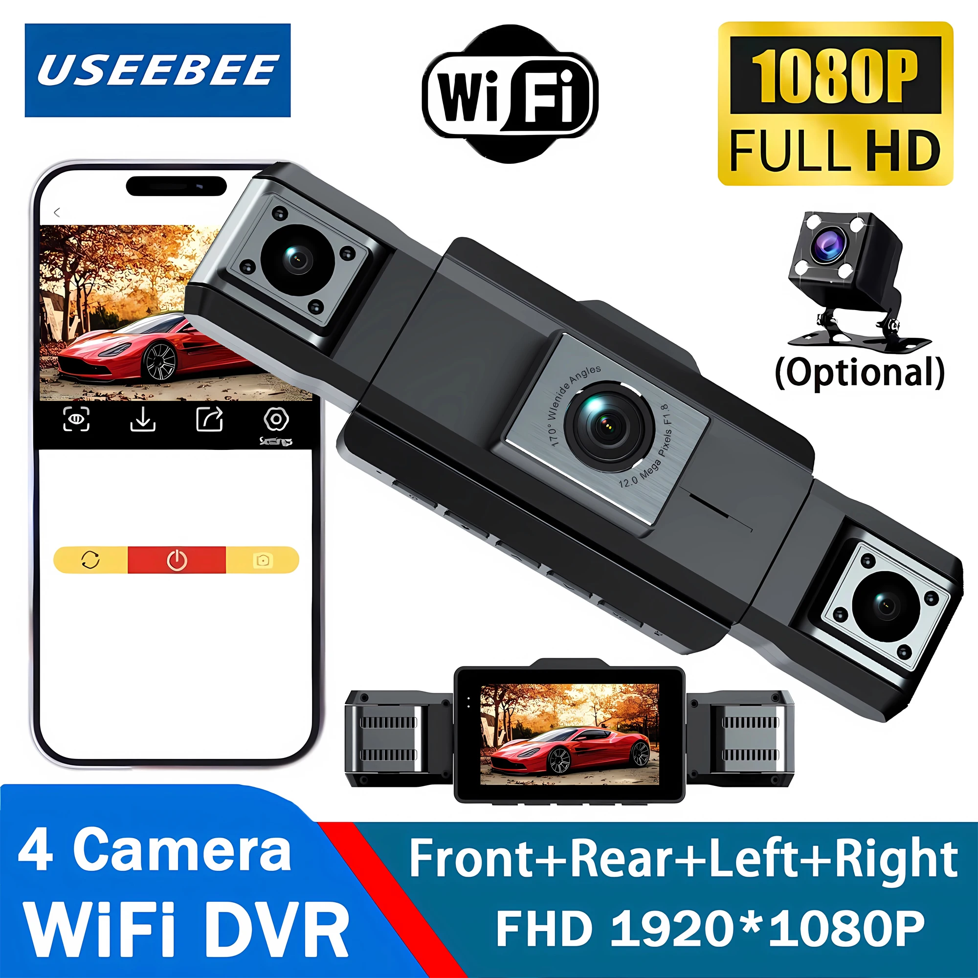 Dashcam 4 Channels Wifi 360° Dash Cam Car Dvr Dashboard Cameras For Car Way Back Box Parking Mode 24H Front And Rear Interior