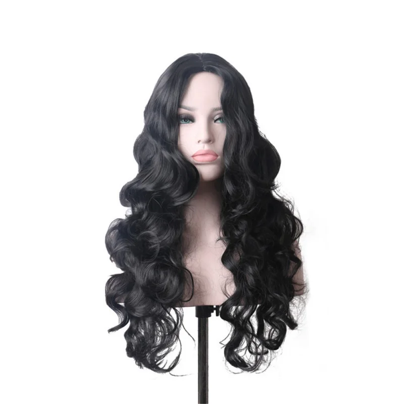 

Черный парик средней части в европейском и американском стиле, парик на всю голову, вьющийся парик с большой волной, синтетическое высокотемпературное волокно