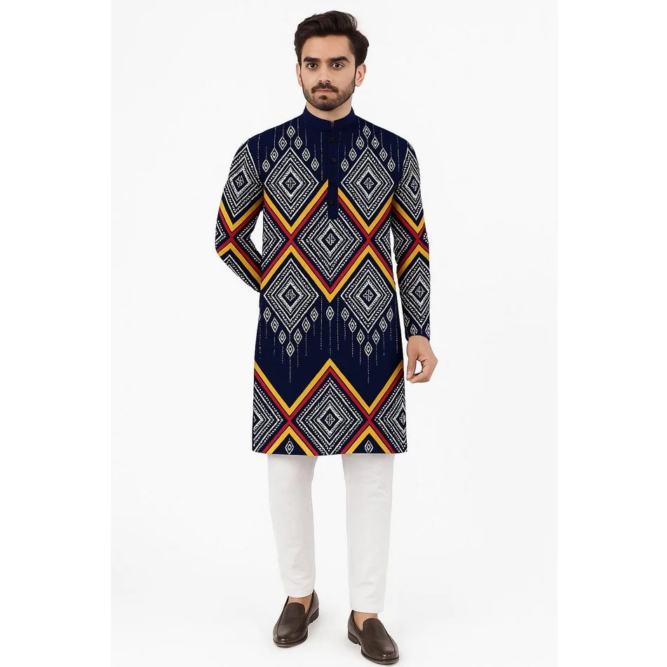 2026 uomo stampa digitale kurta pensiha vestibilità regolare colletto alla coreana lungo adatto a tutte le occasioni come matrimonio Hari Raya Aidilfitri