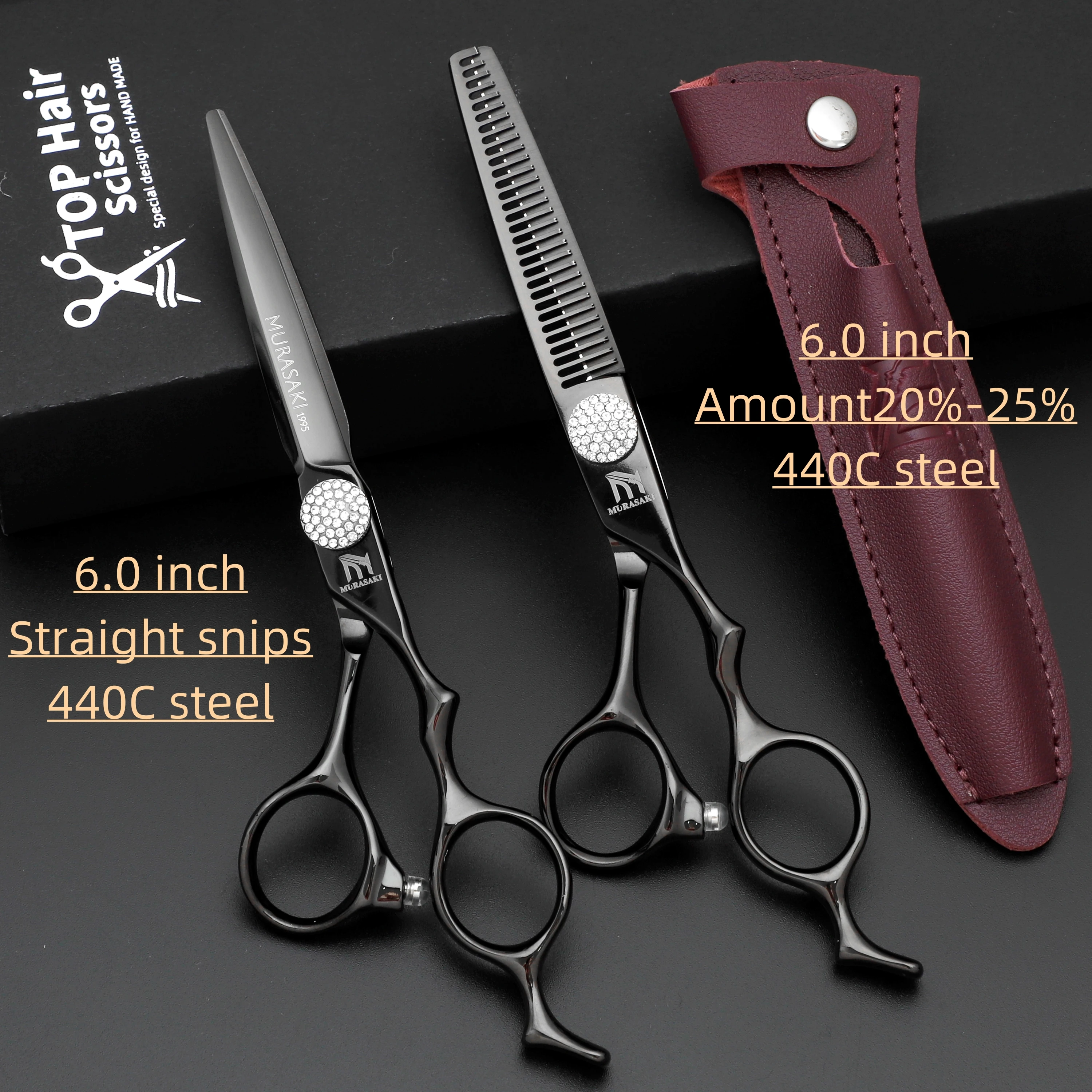 

MURASAKI 6.0 inch Black scissors set，Man and woman Hair thinning shears，440C steel hair cutting machines，Barber shop accessories