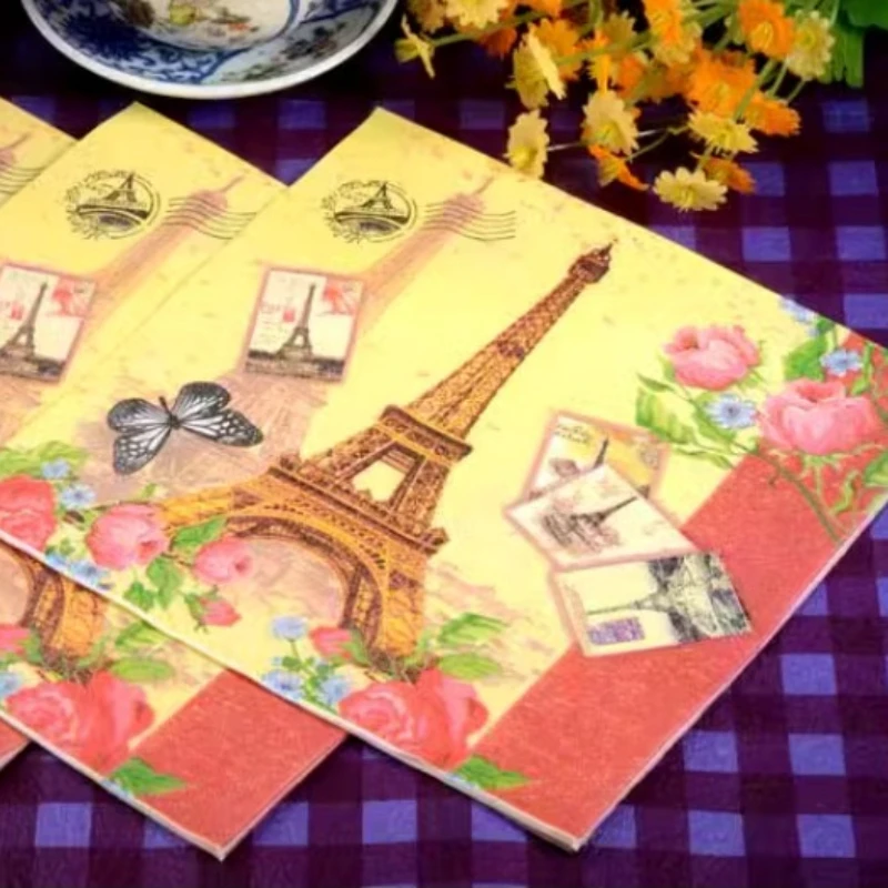 20pcs/Pac 33*33cm 2Ply Postcard Style Dish Bone Bart Paper Butterfly Tower Print Party Decoration Disposable Paper Placemat