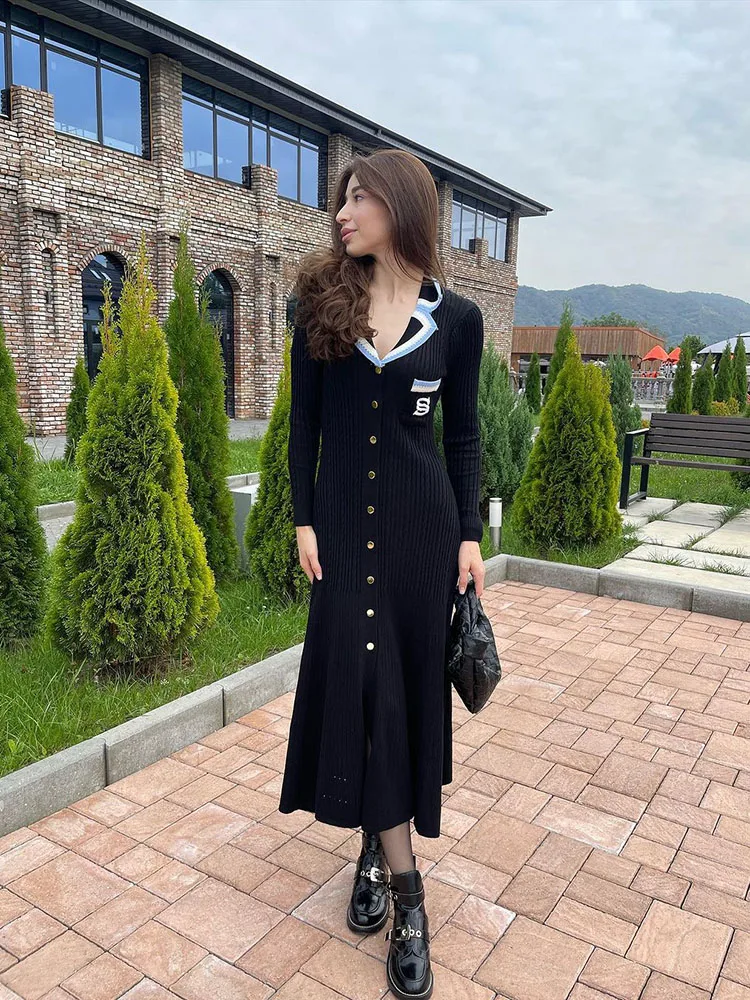 Long Sleeve Knitted Dress Women Fashion Embroidery Single Breasted Lapel Slim Elegant Chic Dresses Streetwear Sweater Vestidos