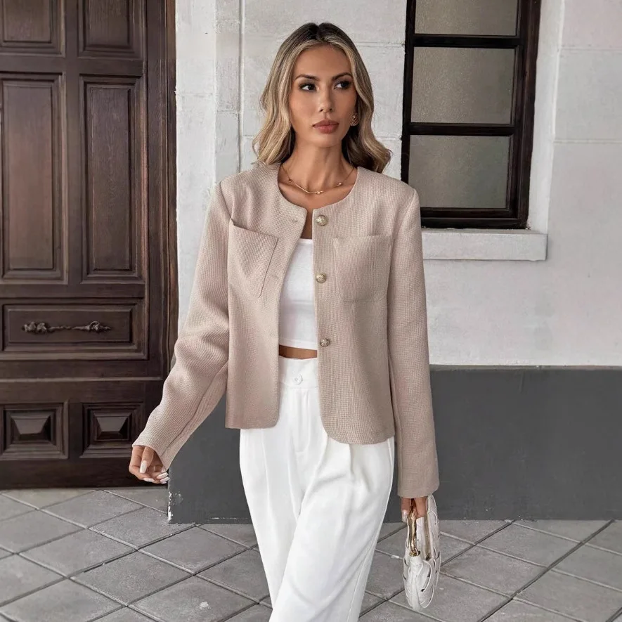 Refined Textured Tweed Short Coat Button Down Turn Down Collar Long Sleeve Pockets Slim Fit Apricot Casual Lady Outerwear Jacket