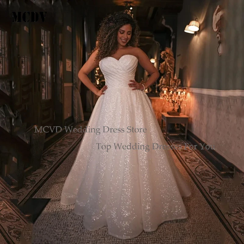 

MCDV Luxury Glitter Tulle Wedding Dress Plus Size Sweetheart Sleeveless A Line Lace Up Bride Gowns for Women