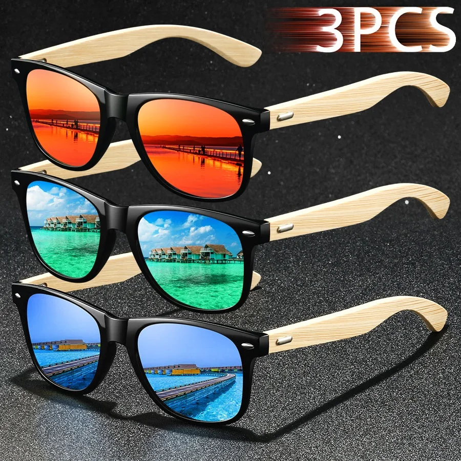 

3PCS Fashion Vintage Bamboo Wood Square Sunglasses Men Women Fishing Driving Man Luxury Brand Designer Sun Glasses UV400 Eyewear