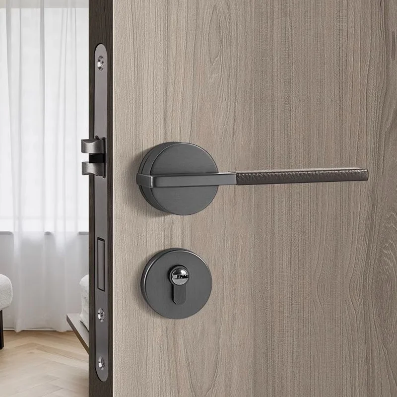 Nordic Wood Door Lock, Modern Minimalist, Leather Door Handle, Interior Bedroom, Magnetic Mute Door Lock