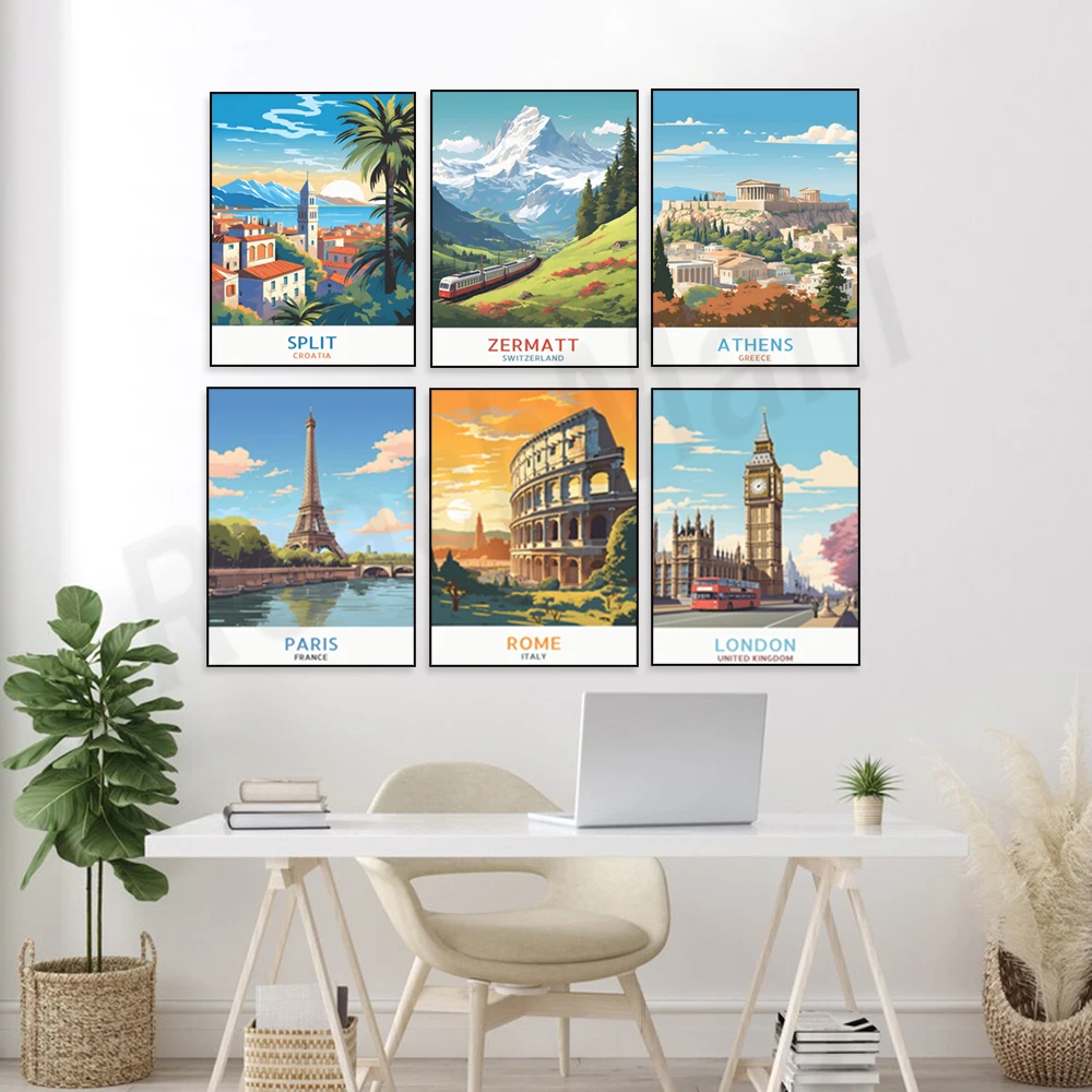 Berlin, Prague, Zermatt, London, Monaco, Florence, Rome, Oslo, Lisbon, Barcelona, Croatia, Athens, Paris, France travel posters