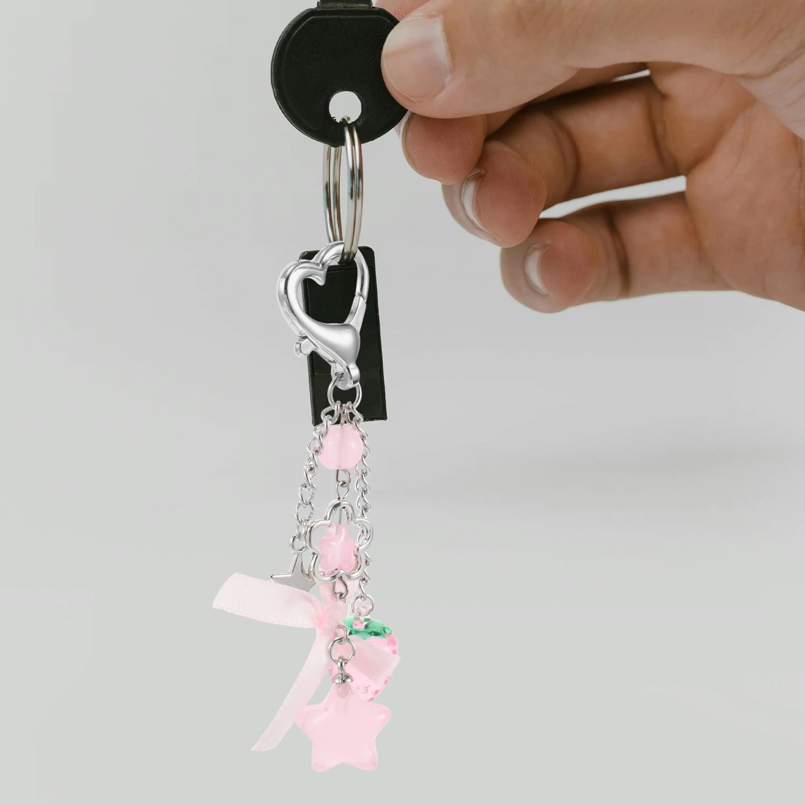 

Strawberry Bow Keychain Cute Pink Bag Accessories Fresh Backpack Charms for Girls