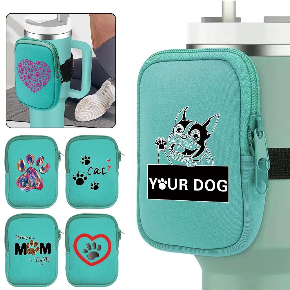 Portable Running Water Bottle Pouch Double Zipper Water Cup Bag Made of Nylon Material Water Cup Bags Footprints Pattern Series