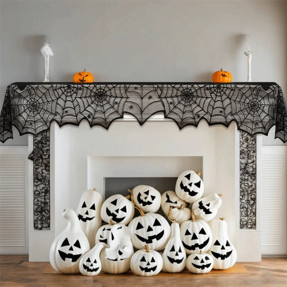 Translucent Spider Web Black Lace Table Runner with Spider Pendant Mesh Halloween Table Cover Long Strip
