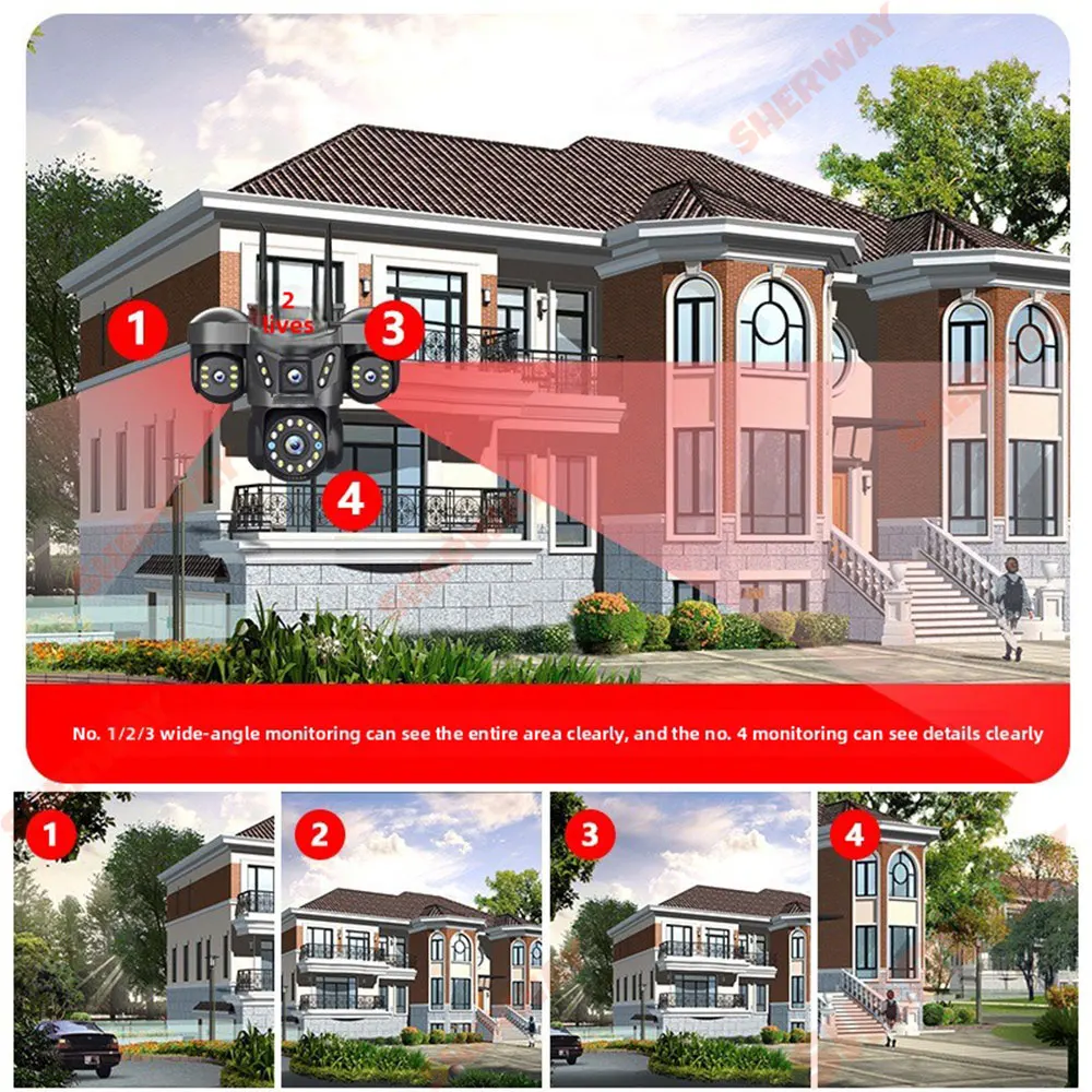 20MP 4 Lens Home Security WiFi Camera Outdoor 10K Wireless 4 Screen 16X Zoom PTZ 360° Surveillance Cameras Auto Motion Detection
