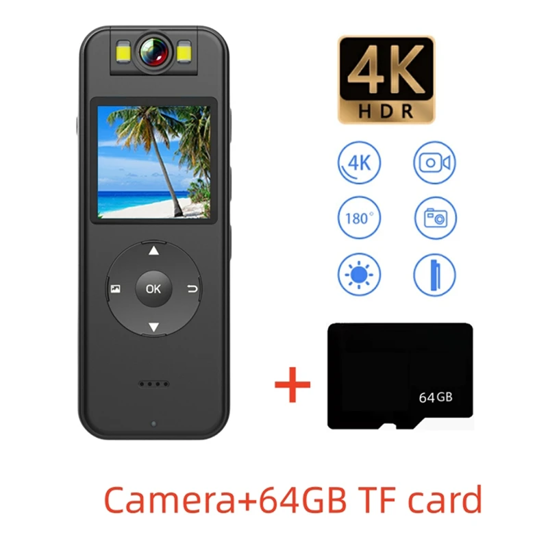 4K Mini WIFI Camera Back Clip Full HD Body Camera Set With IPS Screen,Wearable Pocket Bodycam Camcorder With 64G Menmry Card