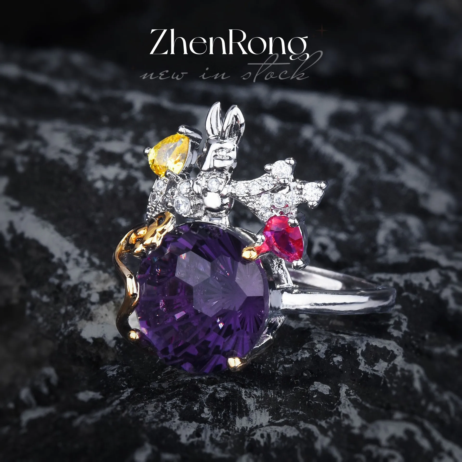 Luxury Vintage Purple Crystal Jewelry Sets For Women Cute Rabbit Design Rings Necklaces Earrings Banquet Party Accessories