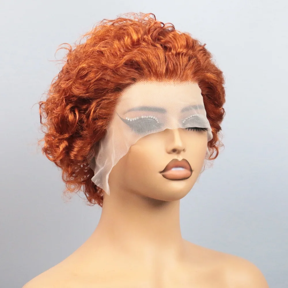 Ginger Pixie Cut Wigs Human Hair 6 8 Inch Short Curly Lace Frontal Human Hair Wigs For Women  #350 Orange Water Wave Bob Wig 13x1 Transparent Lace Wigs