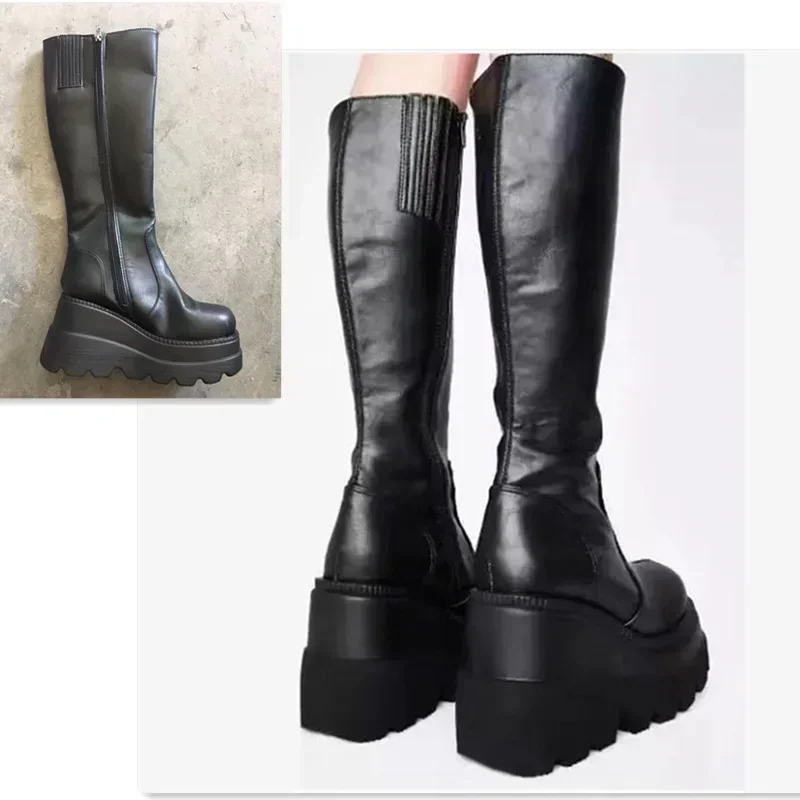 Botas de plataforma Punk para mujer, botas elásticas de microfibra con tacón grueso a media pantorrilla para mujer, zapatos góticos negros de marca