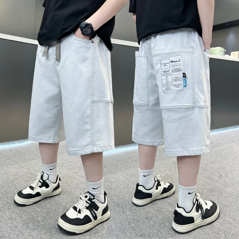 

Детские летние джинсовые шорты белого цвета для подростков для мальчиков, свободные повседневные капри длиной до колена, детские роскошные шорты на шнурке