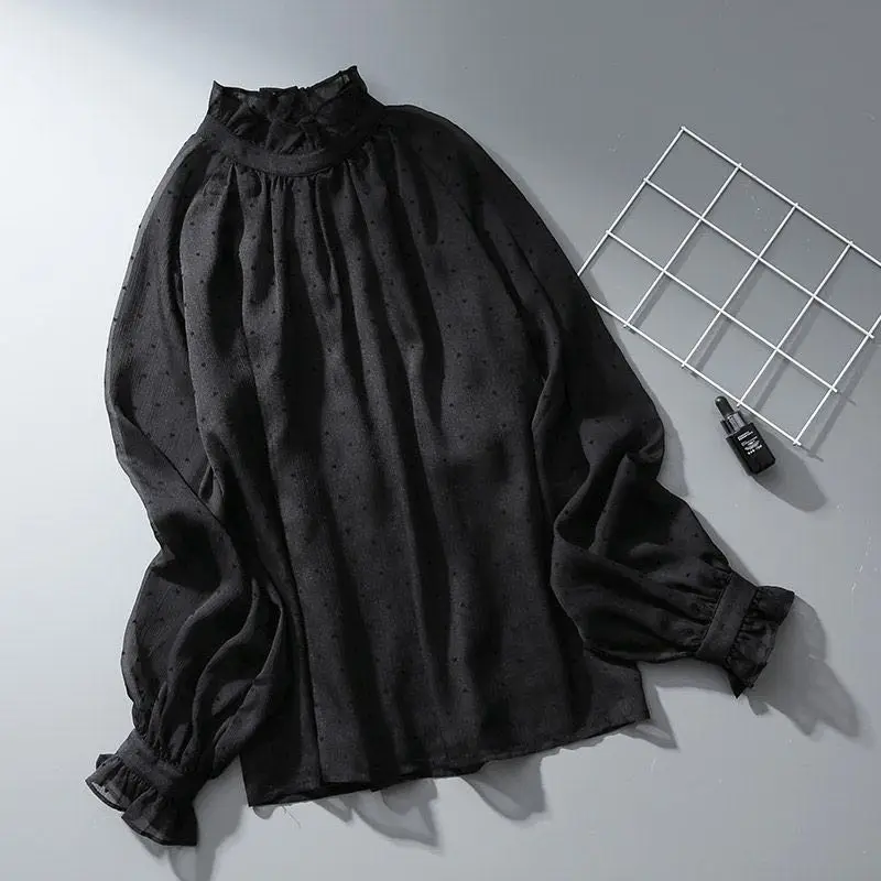 All Match Black Polka Dot Chiffon Women Blouse Shirt Autumn 2024 Ruffles Neck Lantern Sleeved See Through Lady Elegant Tops