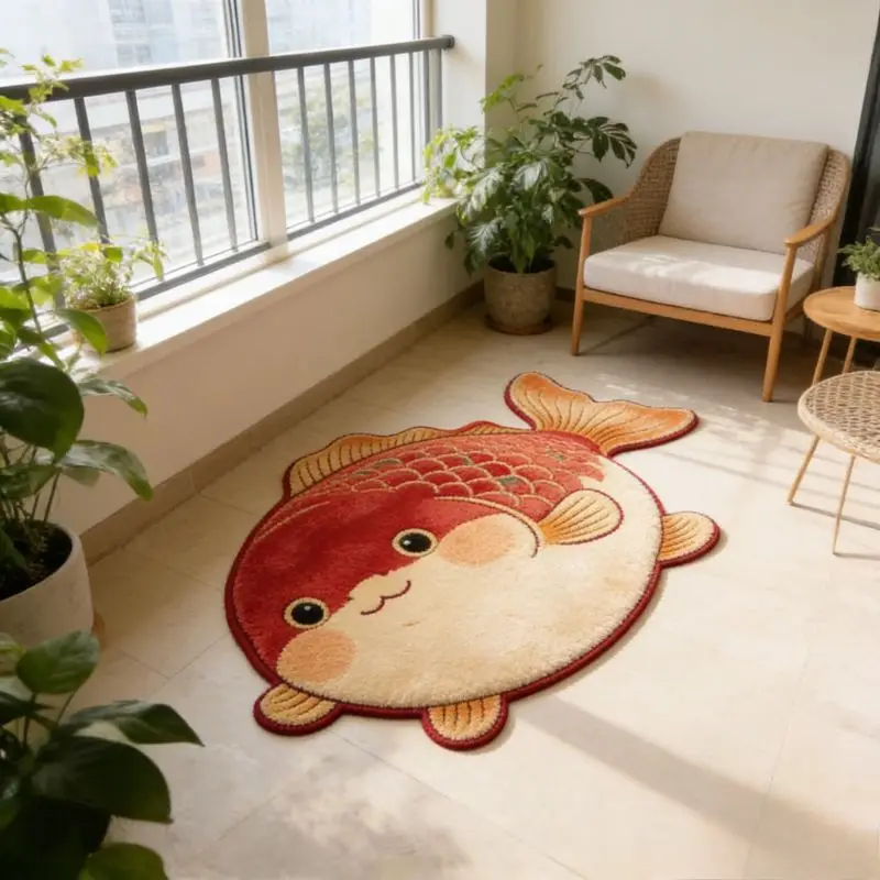 VIKAMA Cartoon Koi Shaped Plush Carpet Foyer Bathroom Living Room Cute Cartoon Home Floor Mat Home Decoration