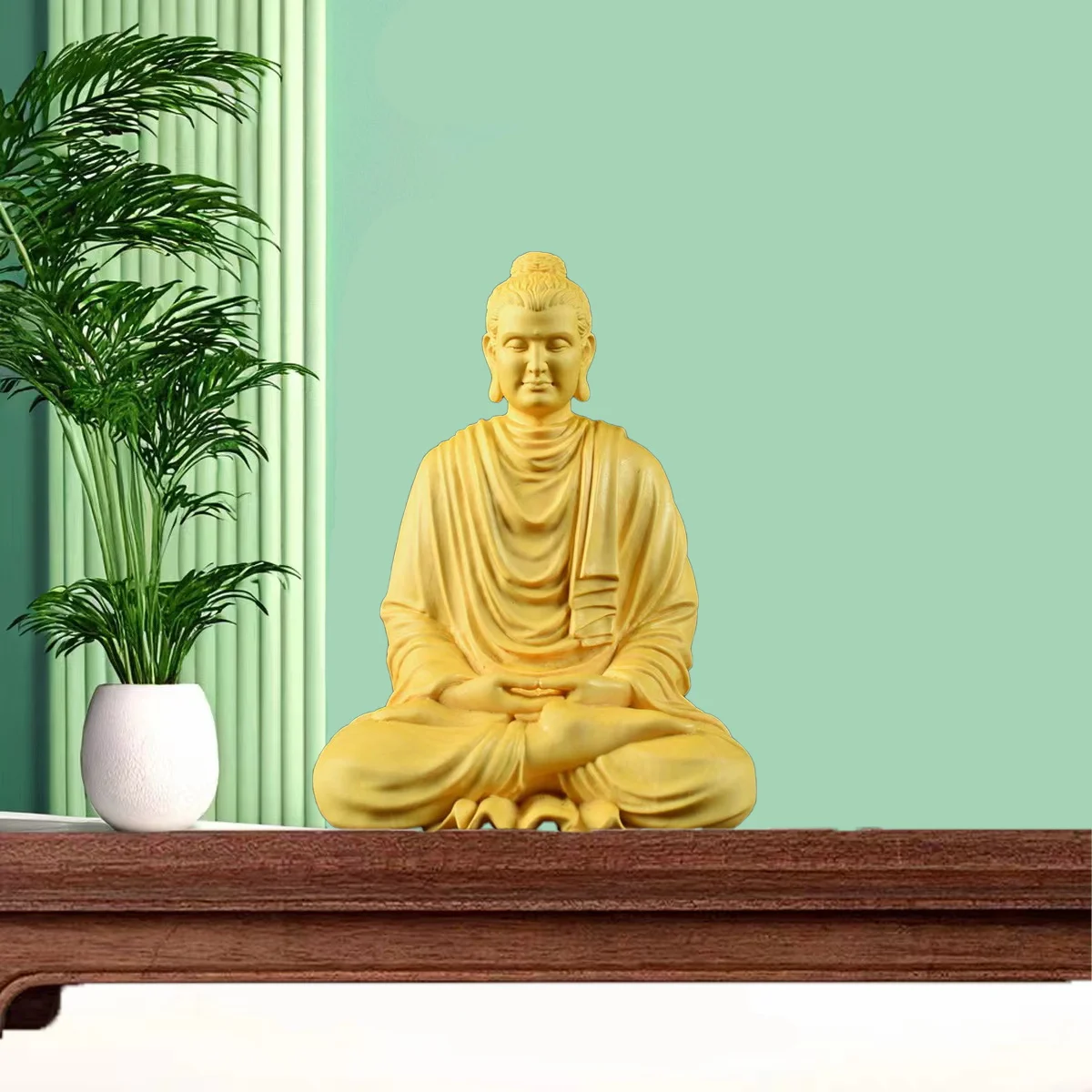 Natural Boxwood Shakyamuni Buddhist Statue, Solid Wood Carving，Lndian Figure Buddha，Home Room Office Feng Shui Statue