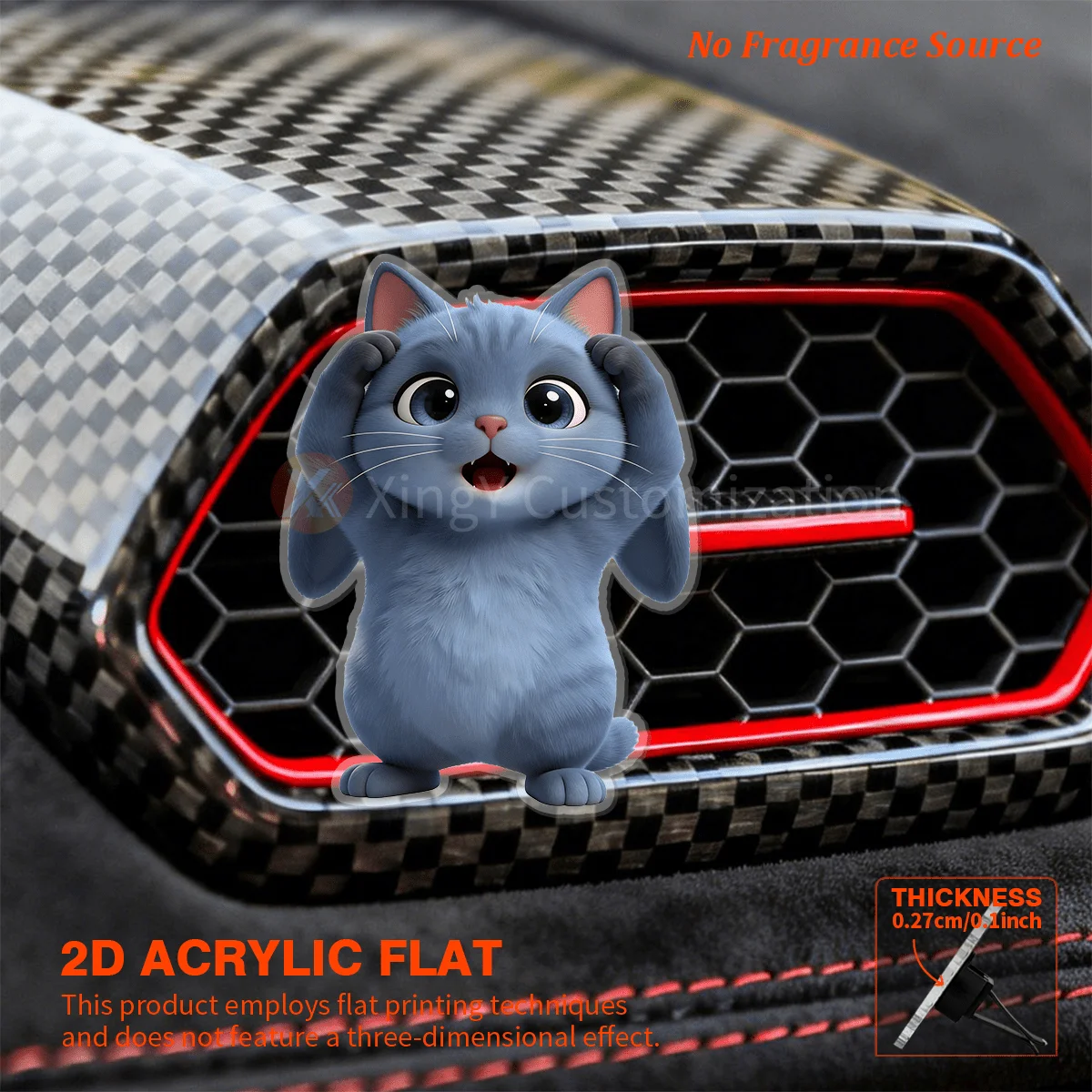 Gato Azul Gris 2D de Acrílico (No es 3D) con Expresión Sorprendida, Ideal para la Ventilación del Tablero y como Difusor de Fragancia