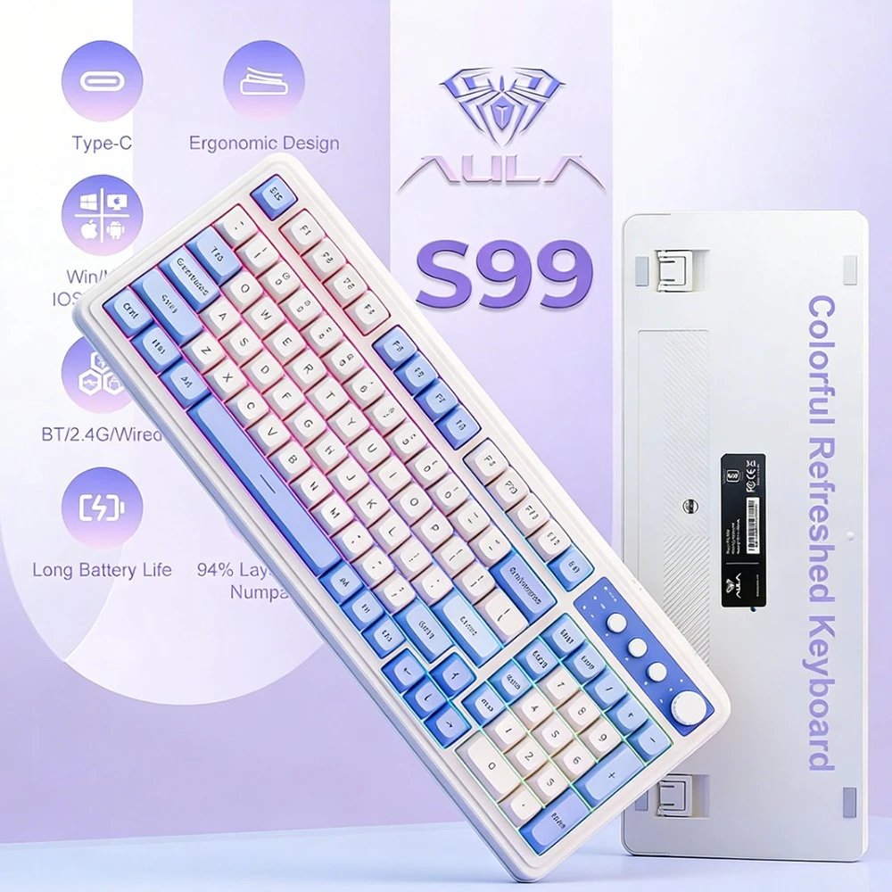 AULA S99 Wireless Keyboard Bluetooth 2.4GHz USB-C RGB Gaming Computer Teclado Para Celular iPad Ergonomic Backlit Lady Keyboards