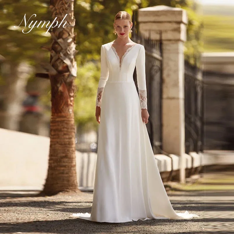 Robe de mariée en satin ligne A pour femme, appliques en dentelle, robe de mariée, col en V, manches longues, dos nu, personnalisé, 2025