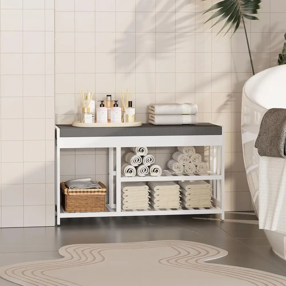 White 2-Tier Shoe Storage Bench with Cushion and Flip-Top for Entryway, Hallway, and Bedroom