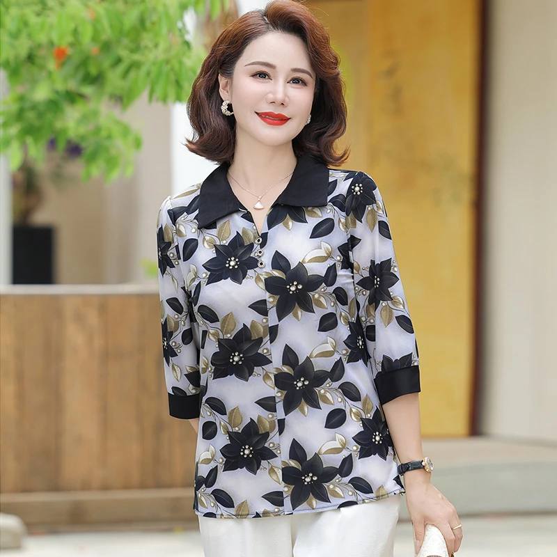 بلوزة نسائية في منتصف العمر صيفية جديدة غير رسمية على الموضة للأم ثلاثة أرباع الأكمام قميص مطبوع سترة Blusa الأنثوية