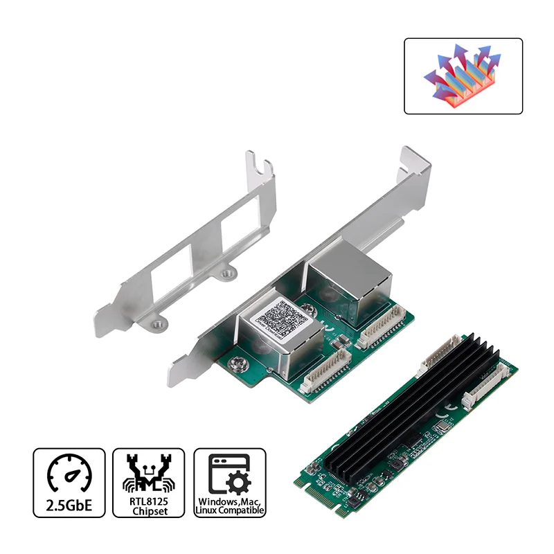 Network Card M.2 to 2 Ports RJ45 2.5G Gigabit Ethernet Adapter NIC 2500mbps B/M Key M2 22*80mm Size RealTek RTL8125B for Desktop