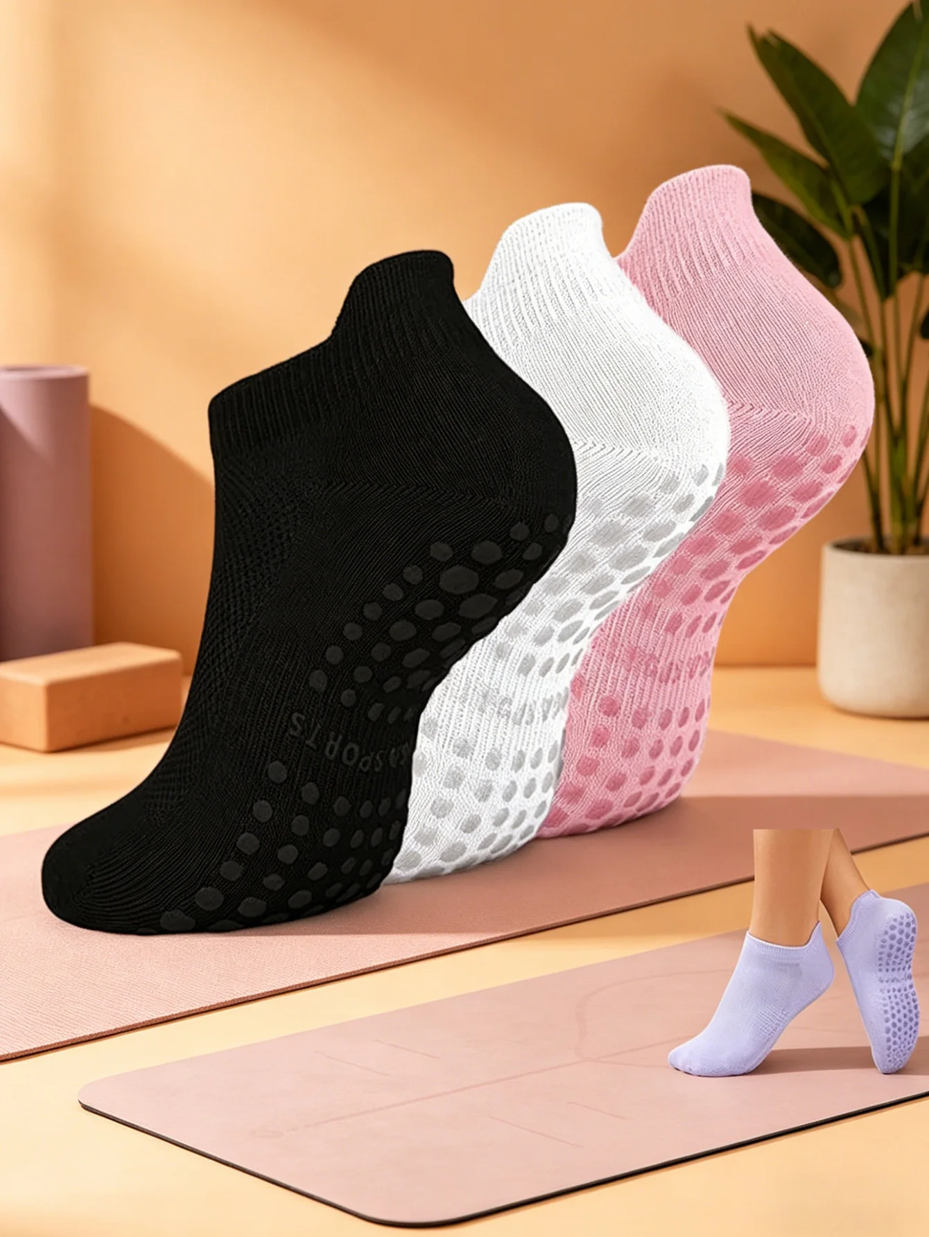 3 pairs of women's yoga socks, non-slip, no heel slippage, professional for skipping rope, aerobics, running, sports, non-slip socks, silicone breathable short socks