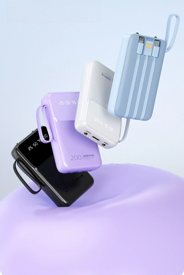 Power Bank Portabel Kapasitas Ultra Besar 20000mAh dengan Tiga Kabel Terintegrasi