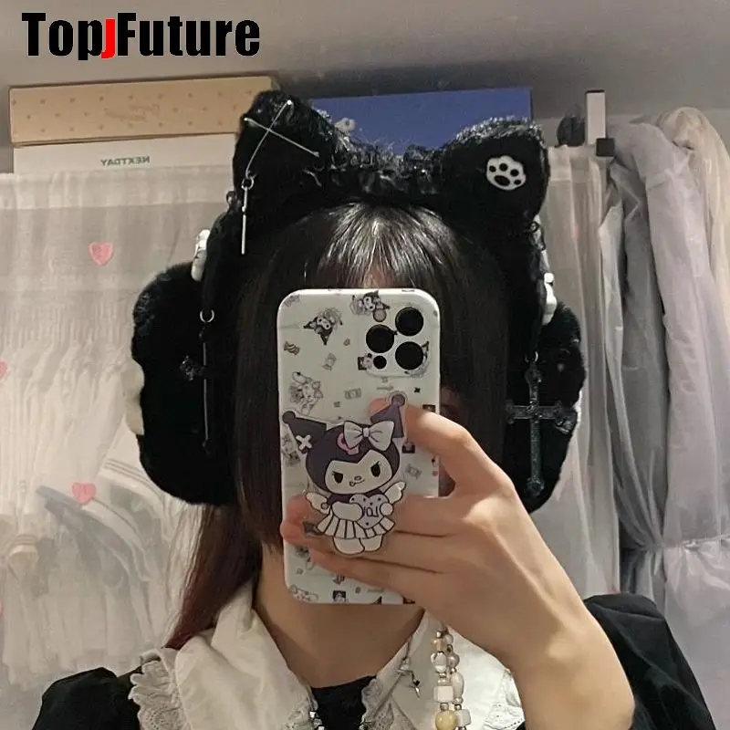 Women Harajuku Y2K Girl black dog Plush furry Warm Earmuffs Gothic Lolita Warmer Muff Ear Subcultural Wings Lace cat ear hat