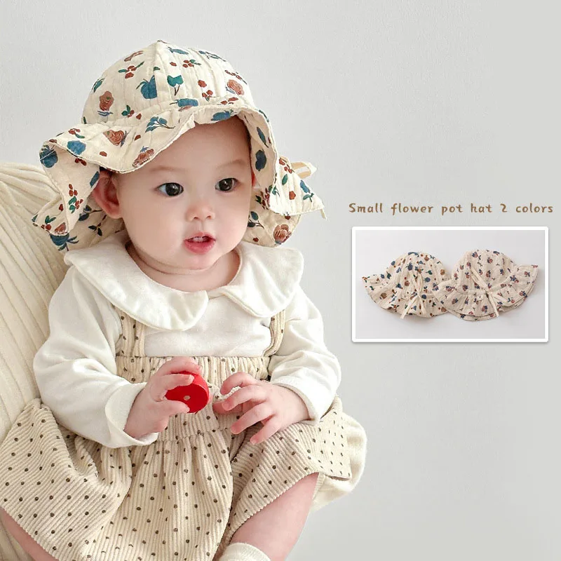 

Print Flower Infants Fisherman Hat Soft Cotton Baby Drawstring Basin Cap 5-24Month Newborn Bowl Caps Children Sunshade Visors