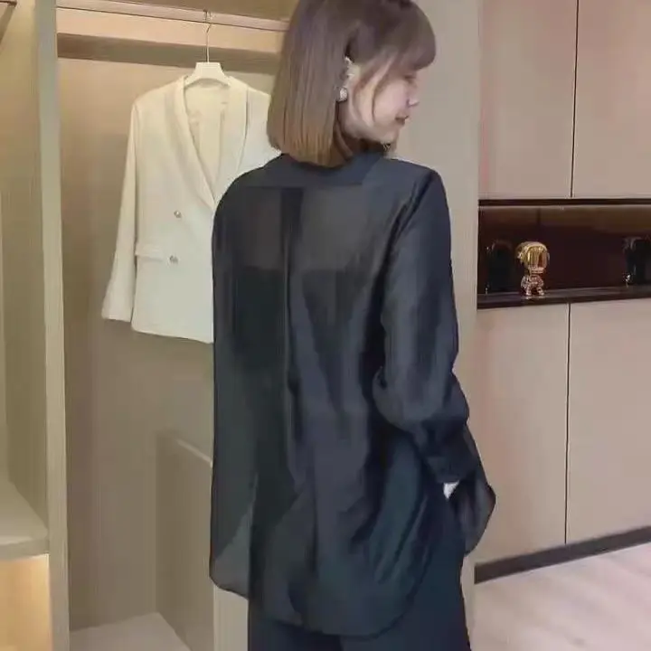 Setelan baju kantor wanita, Blazer celana kaki lebar perlindungan matahari berongga baru, dua potong elegan musim panas