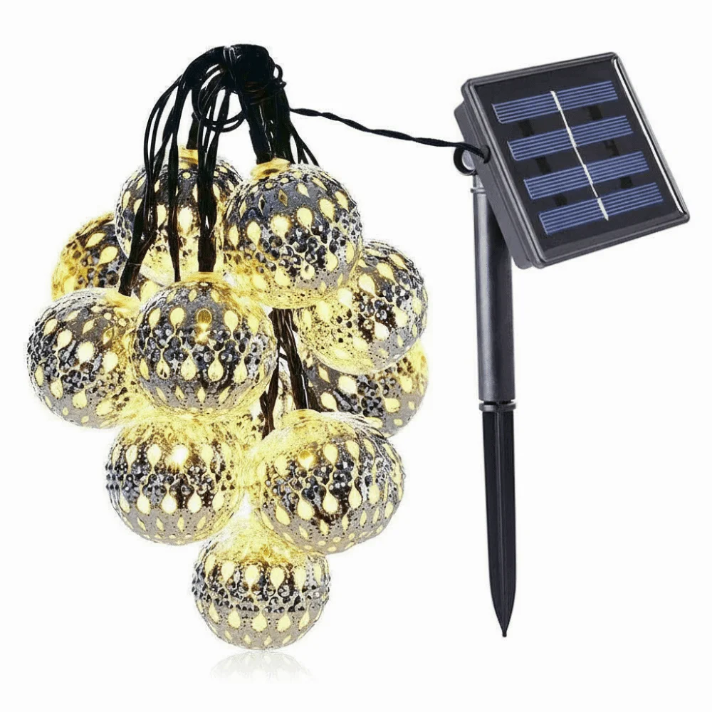 Gold Ball Solar LED String Lights Iron Round Ball Silver Ball Outdoor String Lights Creative Design Waterproof