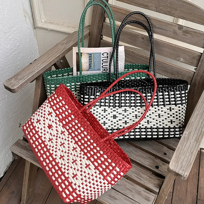 Hylhexyr PVC Vegetable Basket Handbag Waterproof PE Picnic Plastic Woven Tote Shopping Bag Beach Handbags