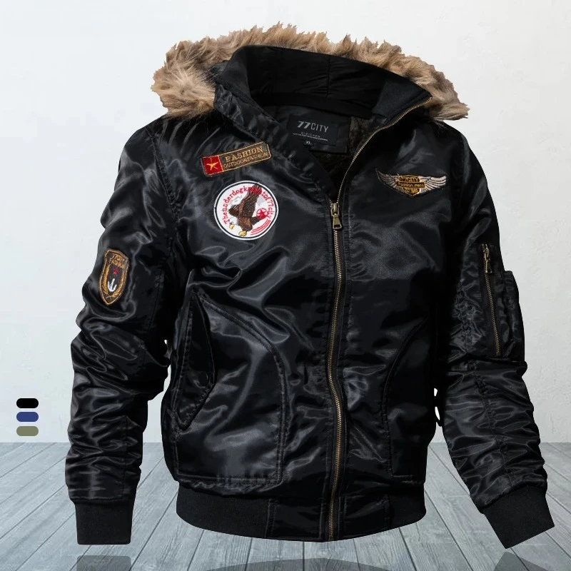 

Brand Men's Winter Jacket Coat Male Parkas Military Fur Collar Hooded Fleece Thicken Quilted Bomber Jackets Men Clothing