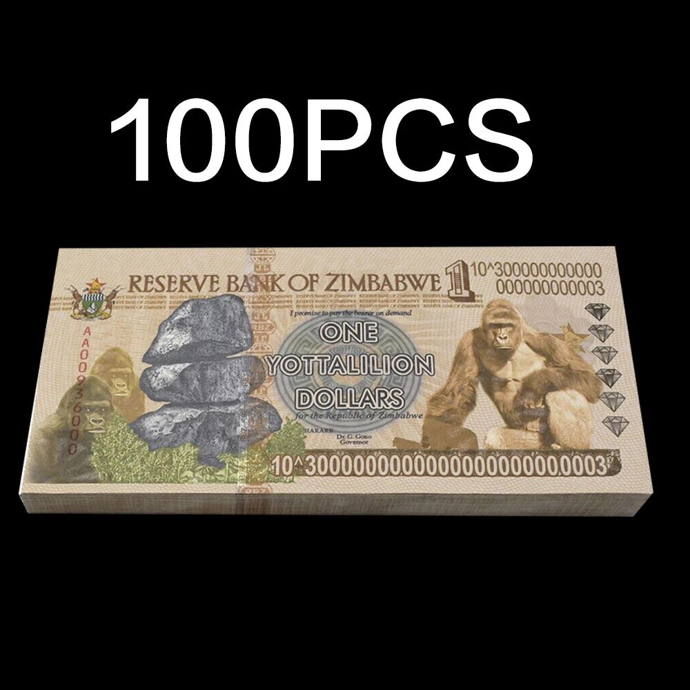 

100Pcs Zimbabwe Banknotes One Yottalilion Dollars Orangutan Diamond Paper Money Uncurrent Collect Gift