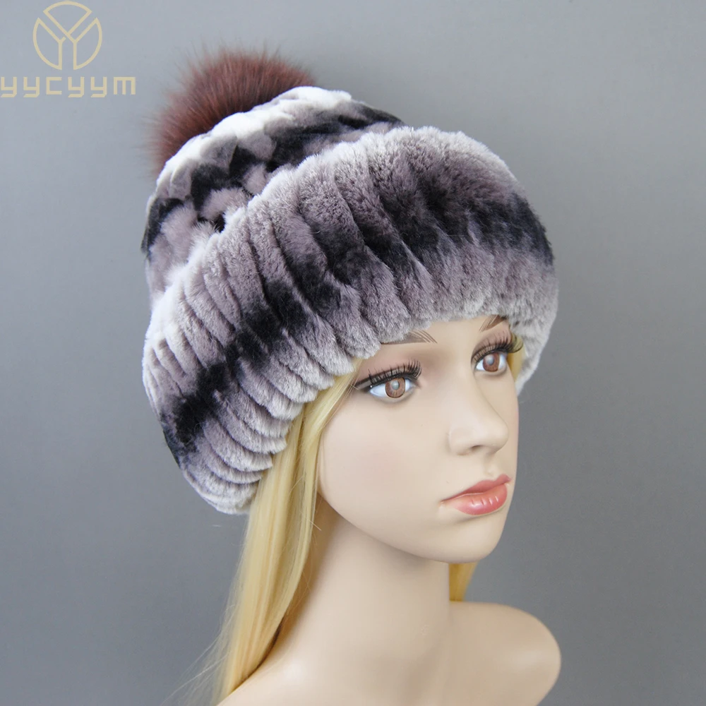 

New Winter Warm Real Rex Rabbit Fur Hats Beanies 100% Natural Fur Caps Fashion Knitted Genuine Fur Hat With Silver Fox Fur Ball