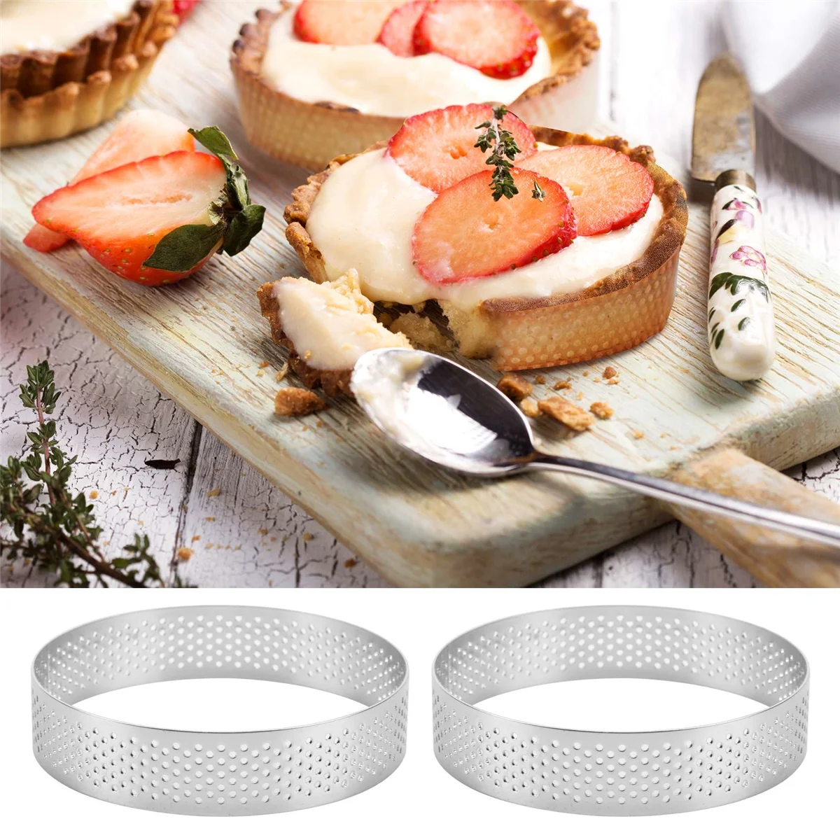 5Pcs Circular Tart Rings with Holes Stainless Steel Fruit Pie Quiches Cake Mousse Mold Kitchen Baking Mould 9cm