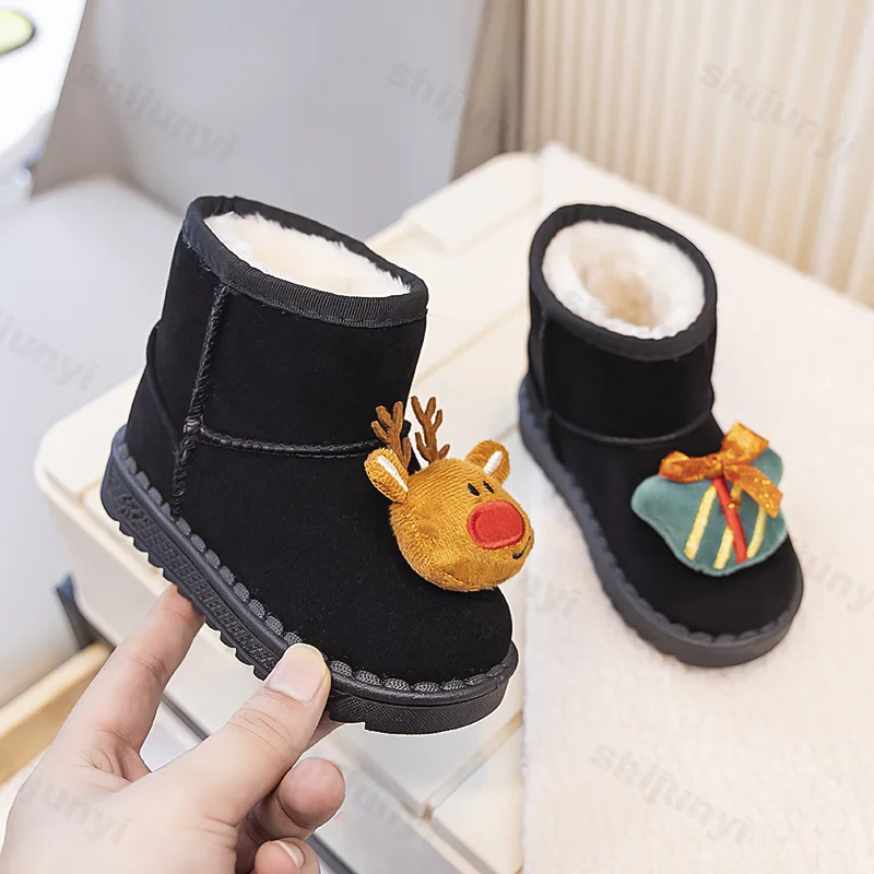 2025 แฟชั่นเด็กคริสต์มาส Elk Cotton Snow BOOTS เด็กสบายๆรองเท้าเด็กรองเท้าข้อเท้าฤดูหนาวรองเท้าผ้าฝ้ายลื่น