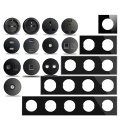 EU French Wall Socket Black Glass Plate Power Outlet USB Charger RJ45 CAT6 HDMI-compatible Audio Modules Free Combination L6