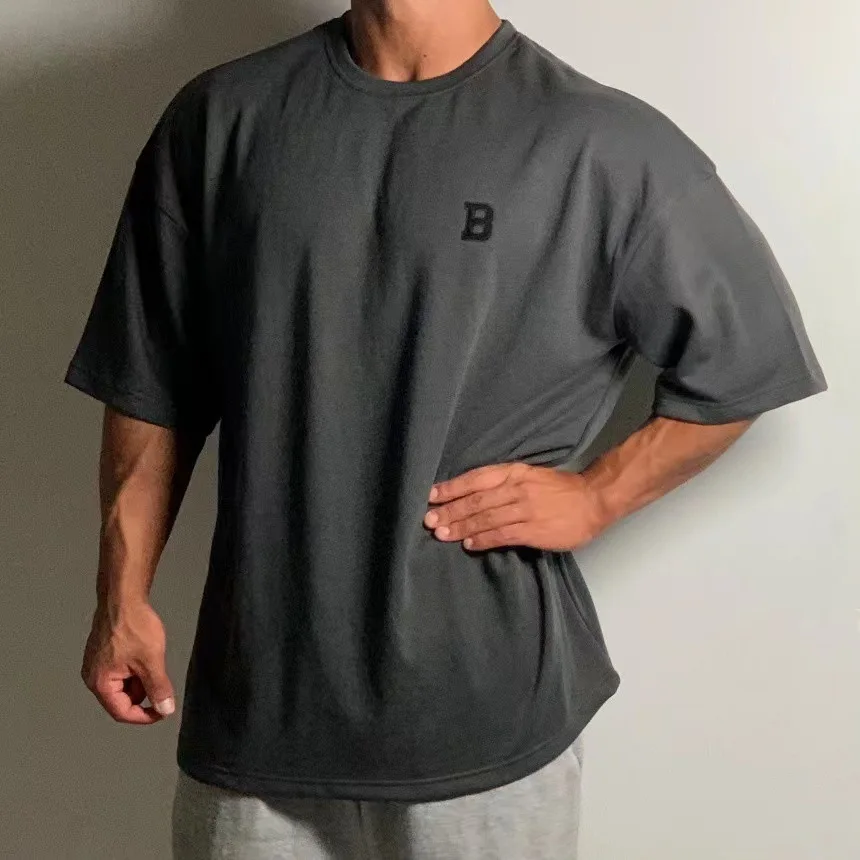 Summer New Gym Men Sports and Fitness Training Suit Casual Oversized Loose T-shirt Off Shoulder Heavy Cotton Short Sleeve Top