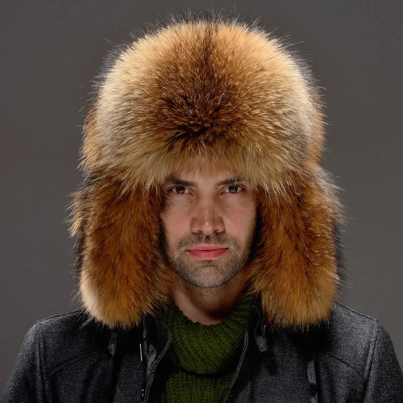 

Winter Men Hats Brown Fox Fur High-end Elegant Warm Soft Not Wool Outdoor Hiking Caps Windproof Thick Europe Earflap Hat