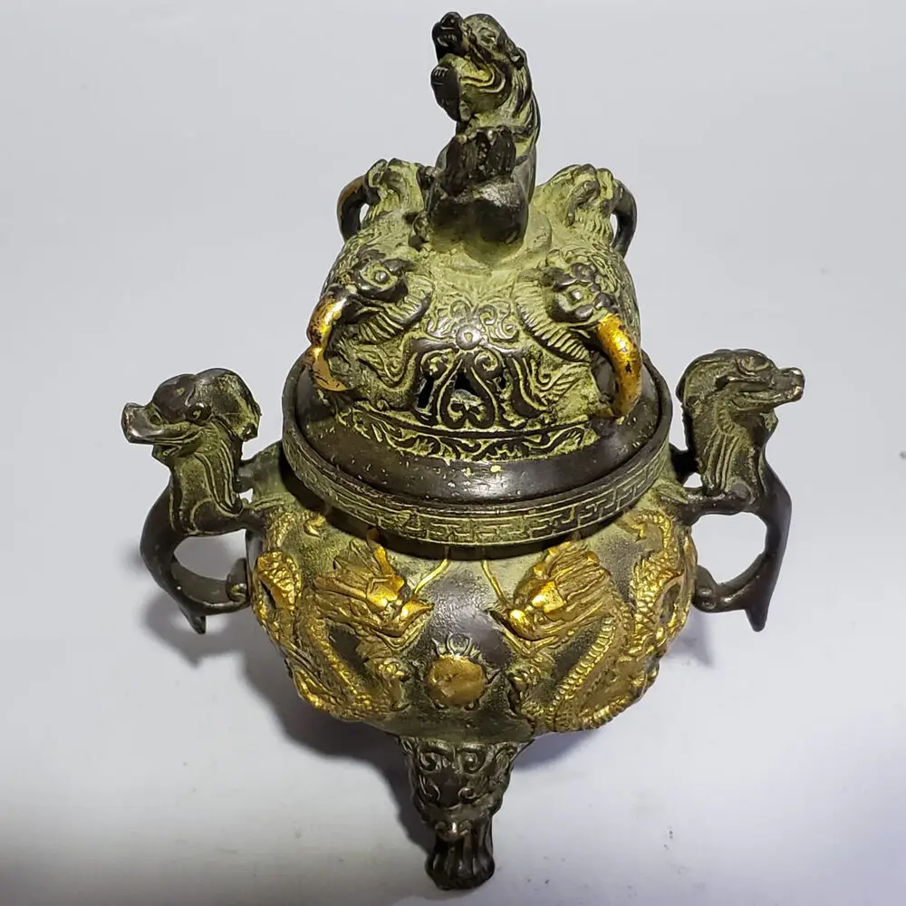 China Old Hand-Made Copper gilt Dragon Statues & Lion Lid Incense Burner Censer