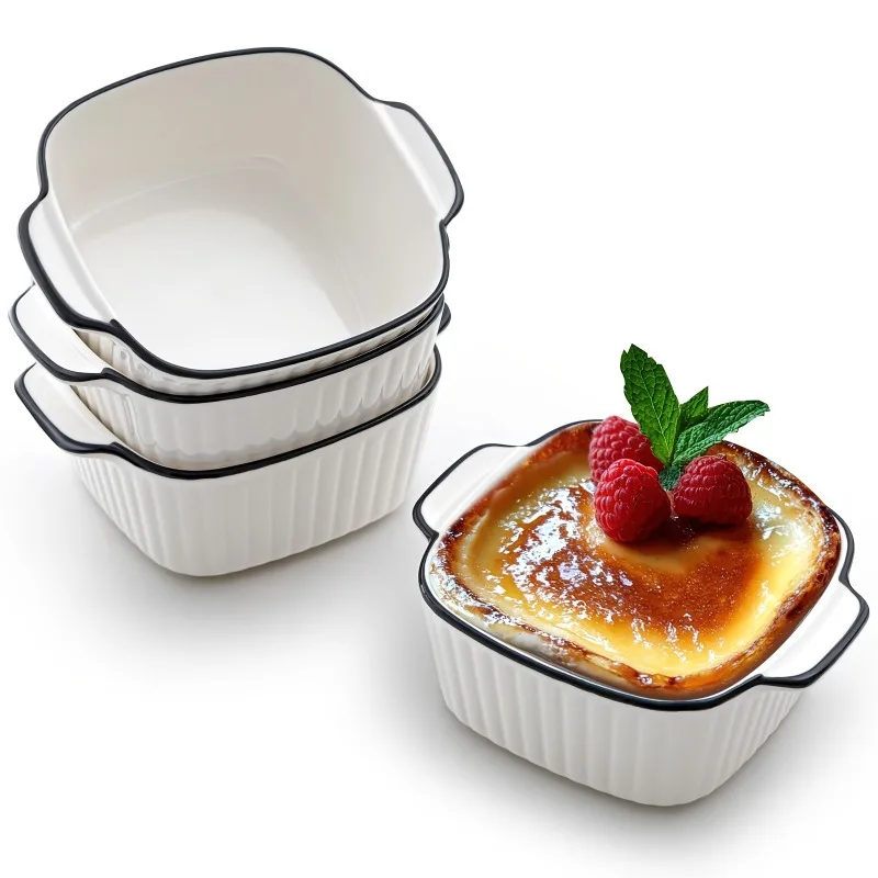 4Pcs Air Fryer‑Fit Ceramic Casserole Bowl, Square Double‑Handled White Bowl with Black Rim, Underglaze‑Color Oven&Microwave‑Safe