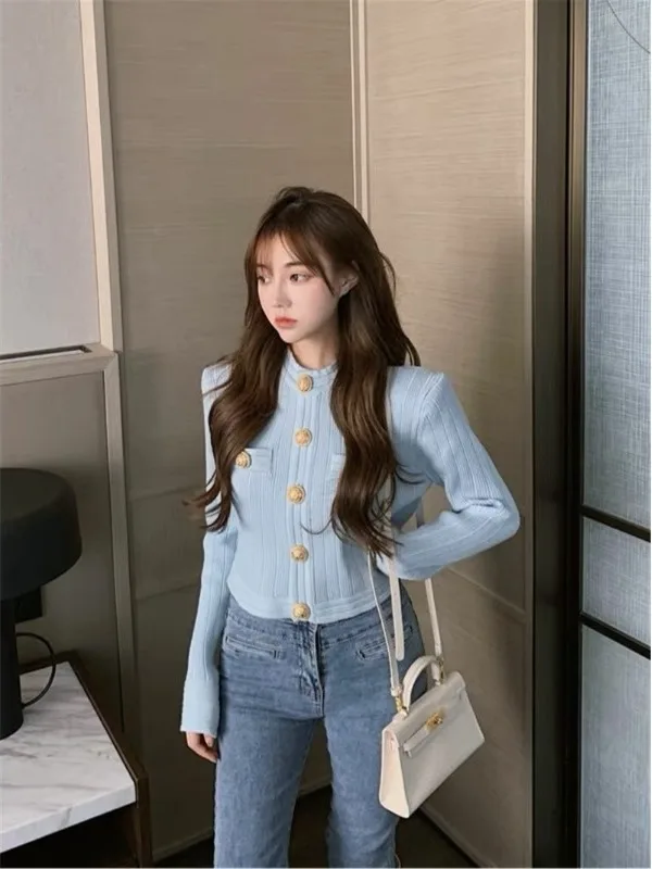 Korean Style Short Knitted Open Cardigan Women's Early Autumn Pit Stripe Gold Button Slimming Sweater Jacket Trendy