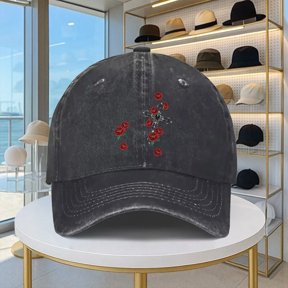 Cross Tattoo Baseball Cap Washed Denim Casual Snapback Hat Vintage Print Adjustable