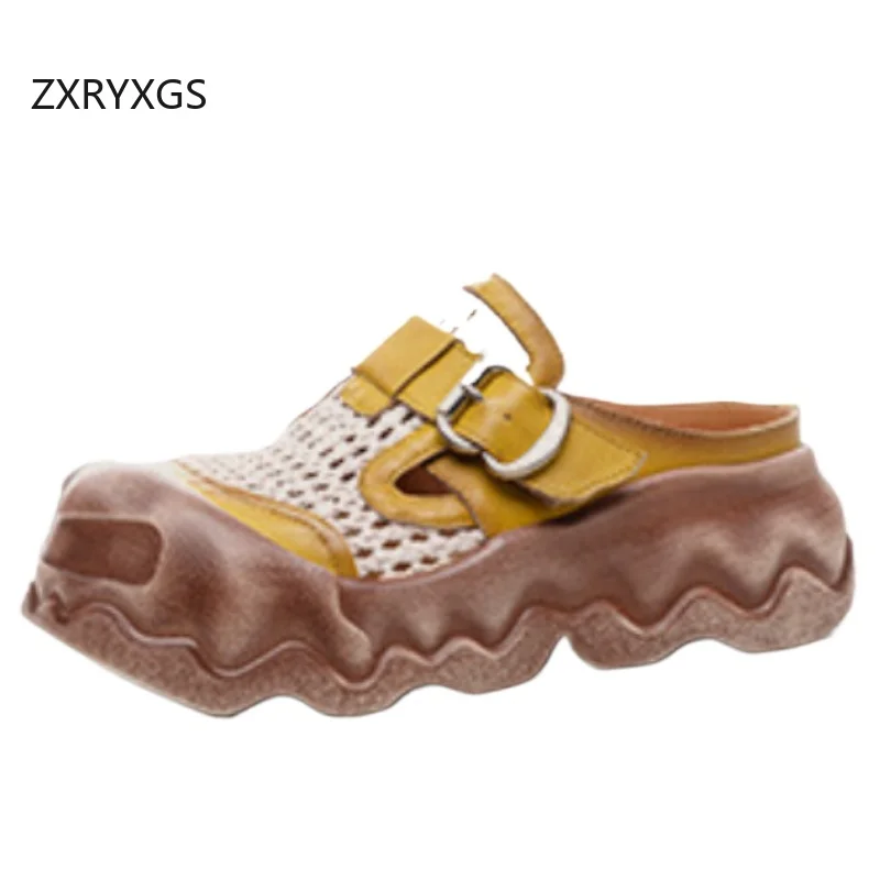 

ZXRYXGS 2025 г., летние римские тапочки из воловьей кожи с круглым носком, легкие нескользящие женские тапочки на платформе